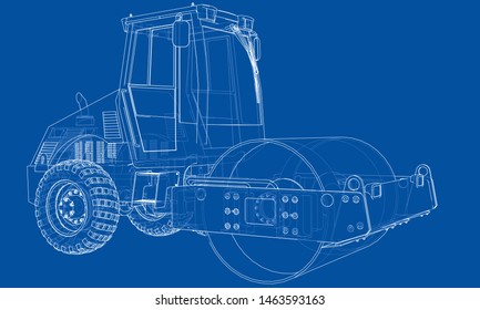Construction machine. Asphalt compactor outlined vector rendering of 3d. The layers of visible and invisible lines are separated