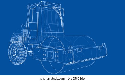 Construction machine. Asphalt compactor outlined vector rendering of 3d. The layers of visible and invisible lines are separated
