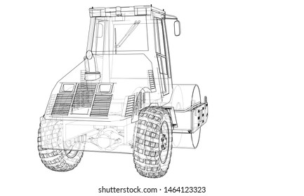 Construction machine. Asphalt compactor outlined vector rendering of 3d. The layers of visible and invisible lines are separated