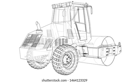 Construction machine. Asphalt compactor outlined vector rendering of 3d. The layers of visible and invisible lines are separated