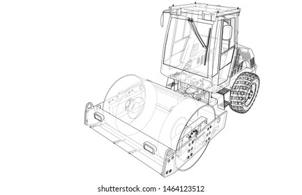 Construction machine. Asphalt compactor outlined vector rendering of 3d. The layers of visible and invisible lines are separated