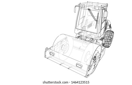 Construction machine. Asphalt compactor outlined vector rendering of 3d. The layers of visible and invisible lines are separated