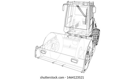 Construction machine. Asphalt compactor outlined vector rendering of 3d. The layers of visible and invisible lines are separated