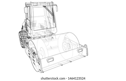 Construction machine. Asphalt compactor outlined vector rendering of 3d. The layers of visible and invisible lines are separated