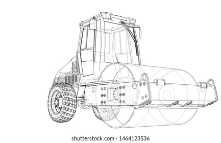 Construction machine. Asphalt compactor outlined vector rendering of 3d. The layers of visible and invisible lines are separated