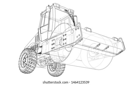 Construction machine. Asphalt compactor outlined vector rendering of 3d. The layers of visible and invisible lines are separated