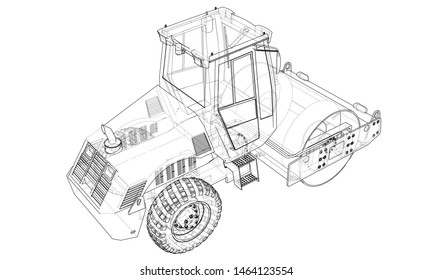 Construction machine. Asphalt compactor outlined vector rendering of 3d. The layers of visible and invisible lines are separated