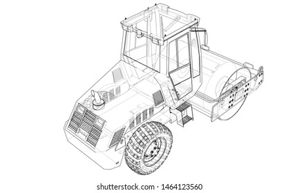 Construction machine. Asphalt compactor outlined vector rendering of 3d. The layers of visible and invisible lines are separated
