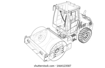 Construction machine. Asphalt compactor outlined vector rendering of 3d. The layers of visible and invisible lines are separated