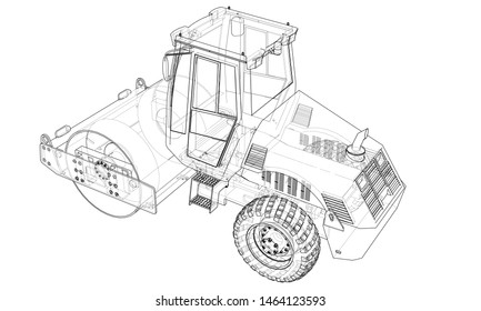 Construction machine. Asphalt compactor outlined vector rendering of 3d. The layers of visible and invisible lines are separated