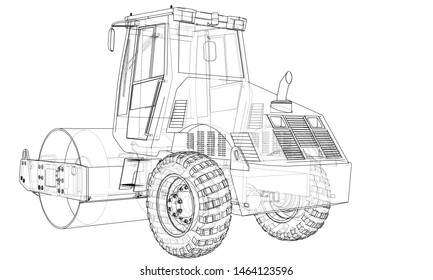 Construction machine. Asphalt compactor outlined vector rendering of 3d. The layers of visible and invisible lines are separated