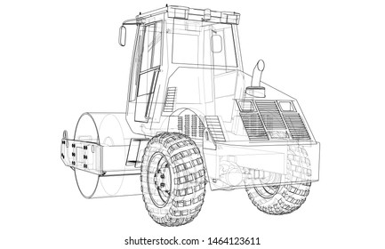 Construction machine. Asphalt compactor outlined vector rendering of 3d. The layers of visible and invisible lines are separated