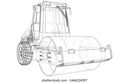 Construction machine. Asphalt compactor outlined vector rendering of 3d. The layers of visible and invisible lines are separated