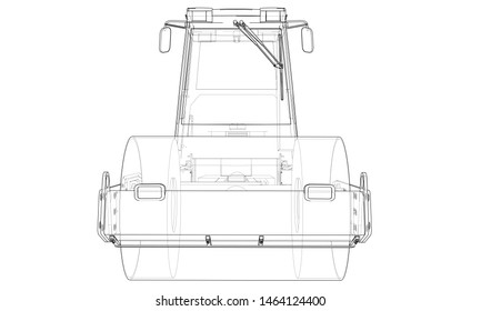 Construction machine. Asphalt compactor outlined vector rendering of 3d. The layers of visible and invisible lines are separated