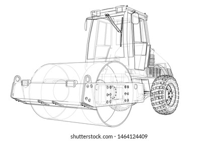 Construction machine. Asphalt compactor outlined vector rendering of 3d. The layers of visible and invisible lines are separated