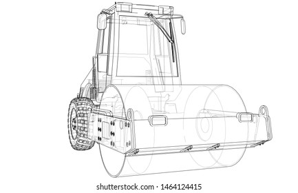 Construction machine. Asphalt compactor outlined vector rendering of 3d. The layers of visible and invisible lines are separated