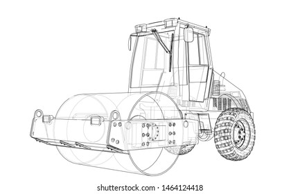 Construction machine. Asphalt compactor outlined vector rendering of 3d. The layers of visible and invisible lines are separated