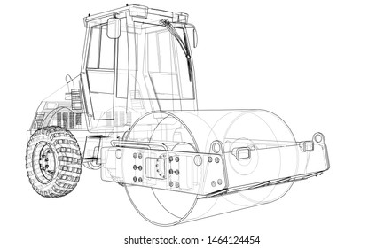 Construction machine. Asphalt compactor outlined vector rendering of 3d. The layers of visible and invisible lines are separated