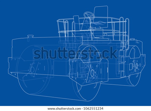 Construction machine. Asphalt compactor
outlined vector rendering of 3d. The layers of visible and
invisible lines are
separated
