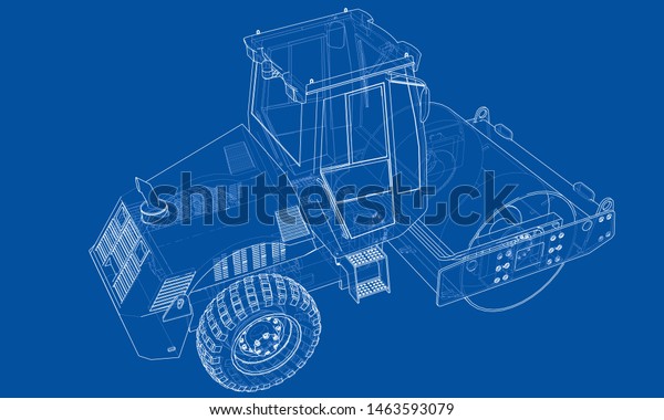Construction machine. Asphalt compactor\
outlined vector rendering of 3d. The layers of visible and\
invisible lines are\
separated