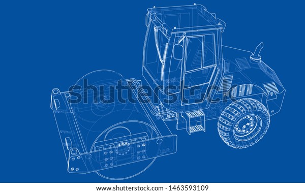 Construction machine. Asphalt compactor\
outlined vector rendering of 3d. The layers of visible and\
invisible lines are\
separated