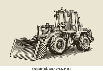 Construction machine sketch. Hand drawn tractor excavator vector illustration