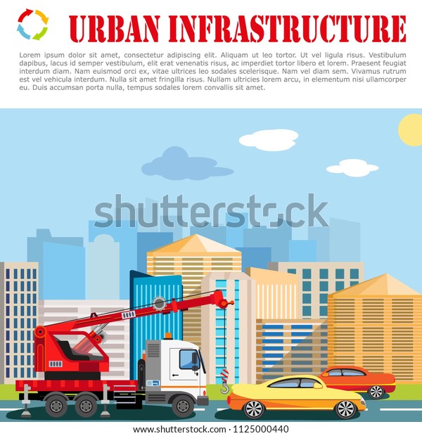 Construction machinery in the background\
of buildings. Cars on the street. City architecture. Building\
banner and poster. Vector\
illustration\
\
