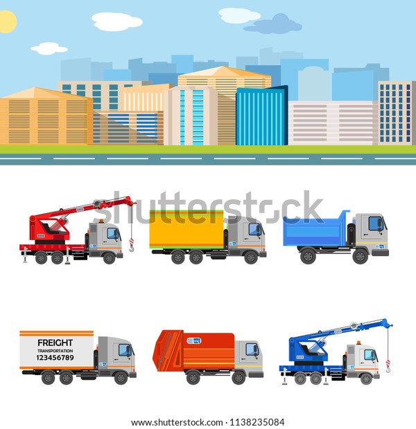 Construction machinery in the background
of buildings. Cars on the street. City architecture. Building
banner and poster. Vector
illustration

