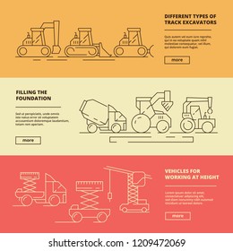 Construction machinery banners. Building industry heavy vehicle truck bulldozer lifting crane vector design template. Illustration of machine construction, working height and filling foundation