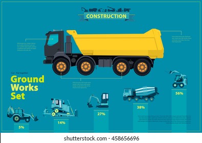 Construction machinery. Blue infographic big set of ground works - machine vehicles. Catalog page. Heavy equipment for building as truck digger crane bagger mix excavator transportation master vector.