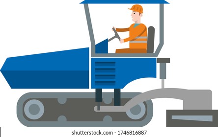 Construction machinery: blue paver isolated on a white background. Powerful car tractor for paving roads, repair work on the road. Flat infographics. Vector illustration