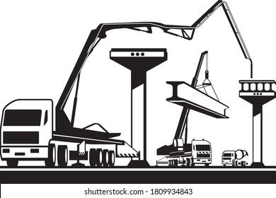 Maquinaria de construcción de un puente - ilustración vectorial