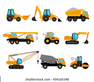 Construction machinery and building construction equipment icons on white background. Vector illustration