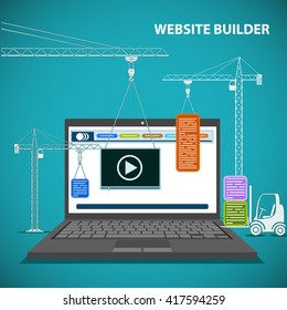 Construction machinery is building a website on a laptop. Flat graphic. Creating a web page design. Stock vector illustration.
