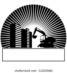 Construction machinery and buildings in the sun. Black and white illustration.