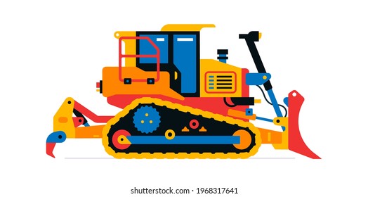 Construction machinery, bulldozer. Commercial vehicle for construction site work. Vector illustration isolated on white background