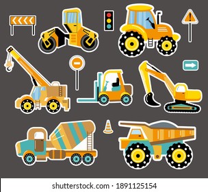 Construction machinery car stickers. Illustration for children.