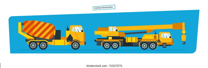 Construction machinery concept. ?onstruction machines, car with a crane, vehicles for transportation, concrete mixer. Vector illustration isolated on white background.