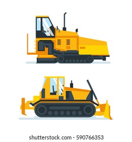 Construction machinery concept. Set construction machines, trucks, vehicles for transportation, asphalt, concrete mixing, crane. Vector illustration isolated on white background.