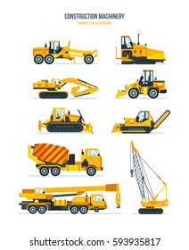 Construction machinery concept. Set construction machines, trucks, vehicles for transportation, asphalt, concrete mixing, crane. Colorful flat illustration.