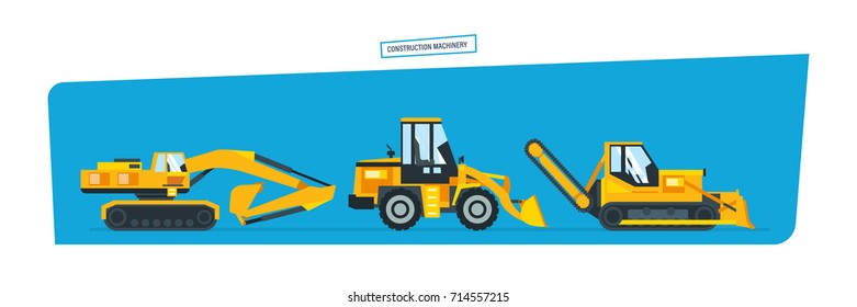 Construction machinery concept. Set construction machines, trucks, vehicles for transportation, asphalt. Vector illustration isolated on white background.