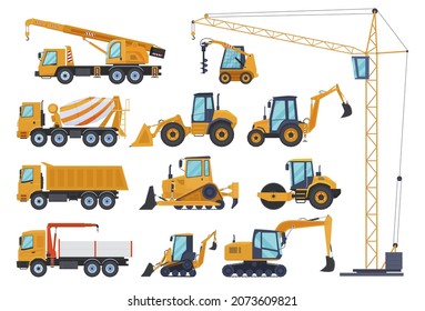 Equipos de maquinaria de construcción pusieron la ilustración plana vectorial. Vehículos profesionales arquitectura de construcción industrial trabajo reparación de caminos aislados en blanco. Grúa, excavadora, tractor, topadora, camiones