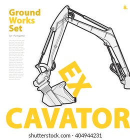 Construction machinery, excavator. Typography set of ground works machines vehicles on white. Construction equipment for building. Master vector illustration. Truck, Digger, Crane, Forklift, Roller