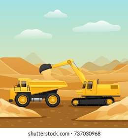 Construction machinery for ground works composition with excavator loading dumper truck with sand flat vector illustration