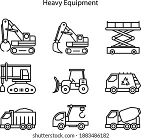 Construction machinery. Heavy road equipment trucks, forklifts and tractors, excavation crane truck isolated vector illustration set. Equipment transportation construction, heavy equipment icons