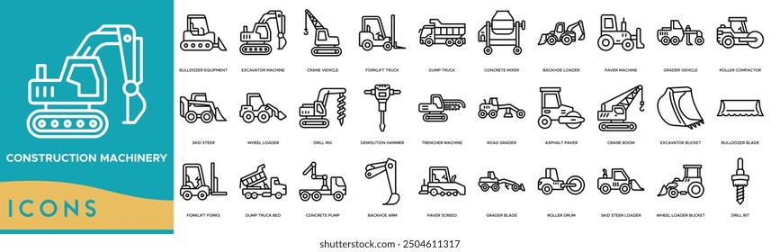 Construction Machinery icon. Bulldozer Equipment, Excavator Machine, Crane Vehicle, Forklift Truck and Dump Truck