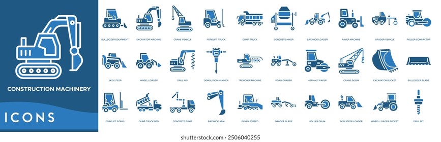 Construction Machinery icon. Bulldozer Equipment, Excavator Machine, Crane Vehicle, Forklift Truck and Dump Truck