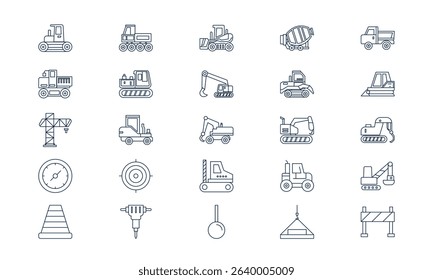 Construction machinery icon illustrating heavy equipment, industrial tools, and building operation in outline style