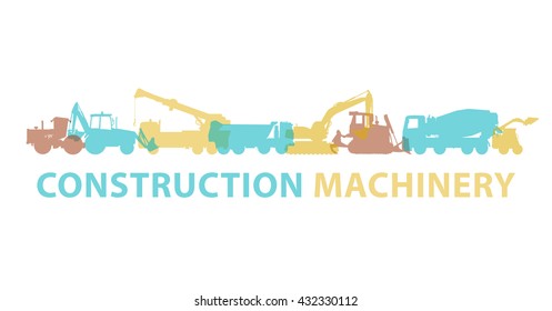 Construction machinery icon symbol. Ground works sign. Machines vehicles brand mark. Heavy construction equipment for building truck, digger, crane, bagger, mix, excavator. Illustration master vector.
