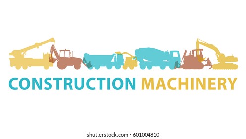 Construction Machinery Icon Symbol. Ground Works Sign. Machines Vehicles Brand Mark. Heavy Construction Equipment For Building Truck, Digger, Crane, Bagger, Mix, Excavator. Illustration Master Vector.